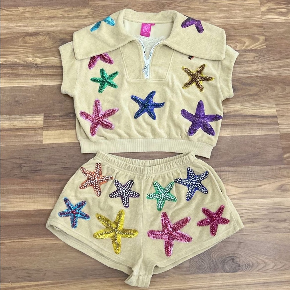 Queen of Sparkles Starfish Embellished Beige Two-Piece Set